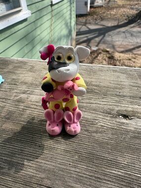 Cute Polka Dot Cow  Figurine in Yellow and Pink onesies pj